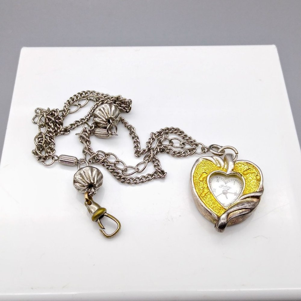 Vintage Gorham Footprints Heart Watch on 11in Watch Chain, Two Tone Analog
